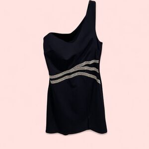 Cute NWT navy blue 1 shoulder mesh insert pearl embellished micro mini dress